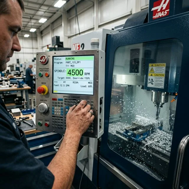 Machinist adjusting spindle speed override dial on a Haas VF-2 CNC control panel showing 4500 RPM, with metal chips visible through the machine window during an active cutting operation for CNC milling operations