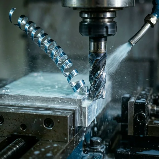Close-up macro shot of perfect spiral aluminum 6061 chips curling off a 4-flute carbide end mill with flood coolant mist during an active CNC milling operation for CNC coolant management workflows