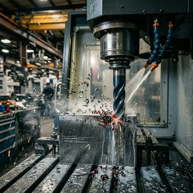 CNC milling cutter removing material under coolant